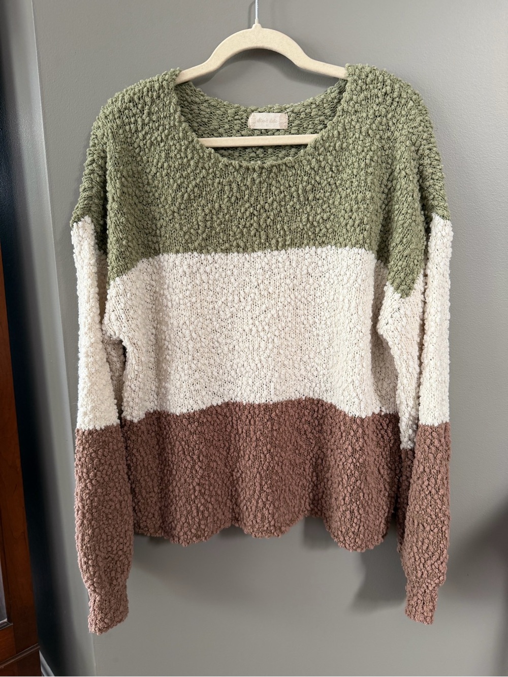 Altar'd State Olive, Cream & Brown Colorblock Popcorn Knit Crew
